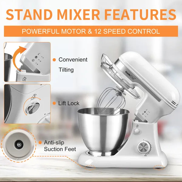 Geek Chef 4.8QT Electric Stand Mixer, 12 Speeds Tilt-head With Dough Hook, Whisk, Beater, Bowl, Rotary Knob, Home Kitchen Use, White