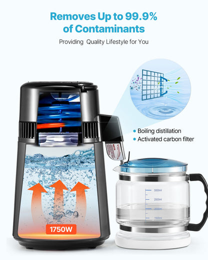 4L Water Distiller Home Countertop Purifier Machine 1750W Stainless Steel Glass