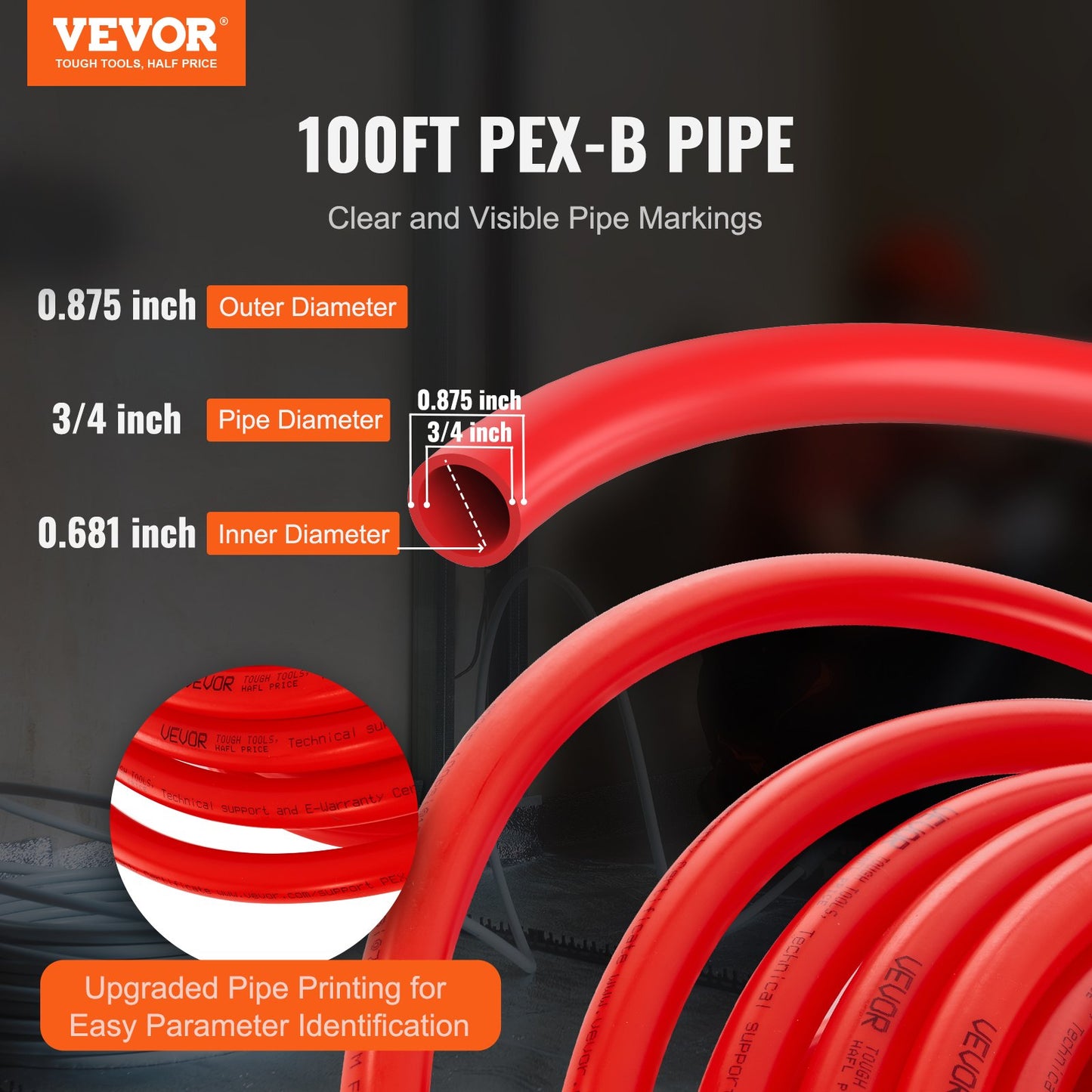 PEX Pipe 3/4 Inch, 100 Feet Length PEX-B Flexible Pipe Tubing For Potable Water, Pex Water Lines For Hot/Cold Water & Easily Restore, Plumbing Applications With Free Cutter & Clamps ,Red