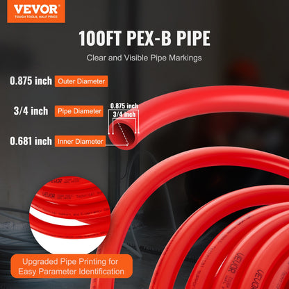 PEX Pipe 3/4 Inch, 100 Feet Length PEX-B Flexible Pipe Tubing For Potable Water, Pex Water Lines For Hot/Cold Water & Easily Restore, Plumbing Applications With Free Cutter & Clamps ,Red