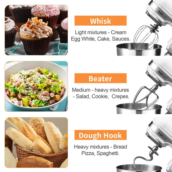 Geek Chef 4.8QT Electric Stand Mixer, 12 Speeds Tilt-head With Dough Hook, Whisk, Beater, Bowl, Rotary Knob, Home Kitchen Use, White