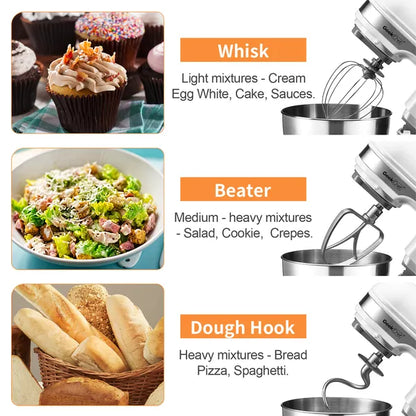Geek Chef 4.8QT Electric Stand Mixer, 12 Speeds Tilt-head With Dough Hook, Whisk, Beater, Bowl, Rotary Knob, Home Kitchen Use, White