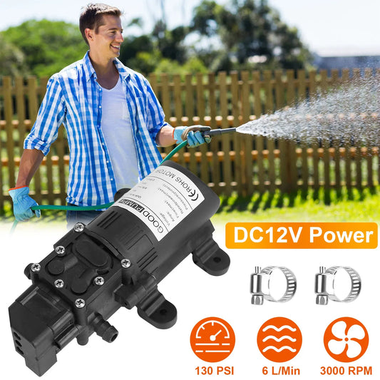 12V Water With 2 Hose Clamps 130PSI Self Priming Sprayer 70W Electric Diaphragm Water 6L Min For RV Camper Marine Boat