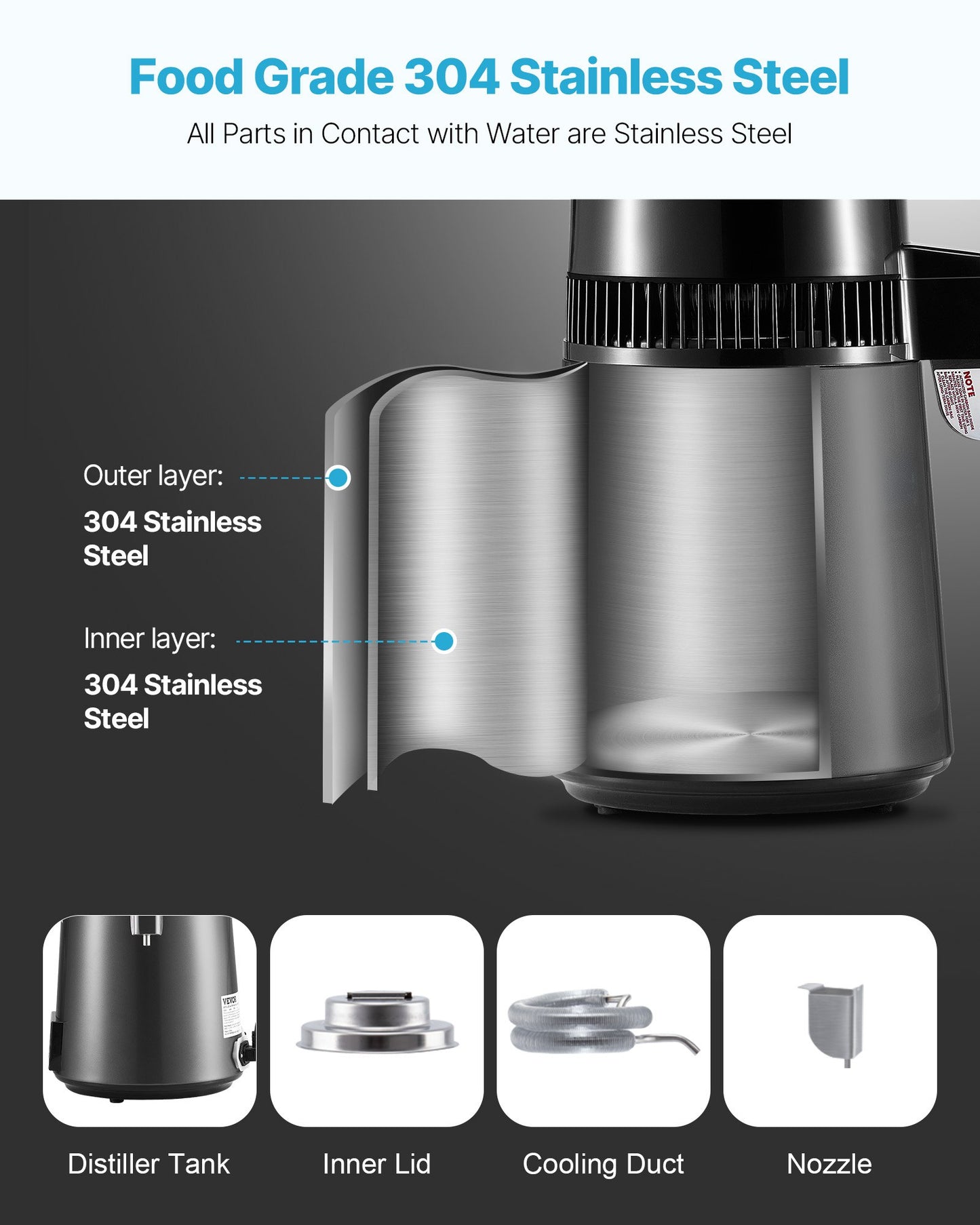 4L Water Distiller Home Countertop Purifier Machine 1750W Stainless Steel Glass