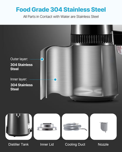 4L Water Distiller Home Countertop Purifier Machine 1750W Stainless Steel Glass